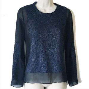 NWOT Aryn K Metallic Boucle Sheer Long Sleeve Blouse S Georgette Blue Black